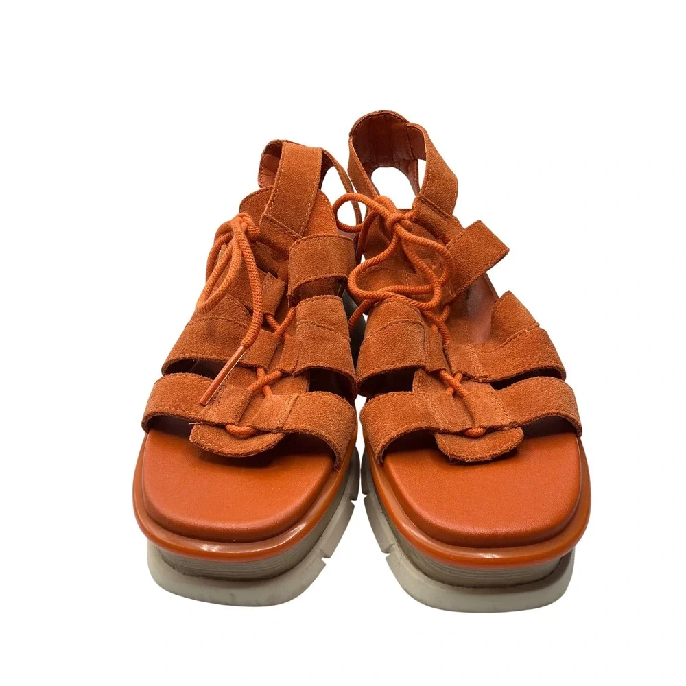 Sorel Cameron Flatform Lace Sandals Orange Suede Platform NL4677-806 Womens 9.5